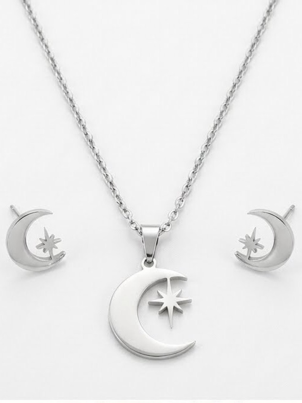 Silver Moon & Star Necklace and Earring Set - Silver